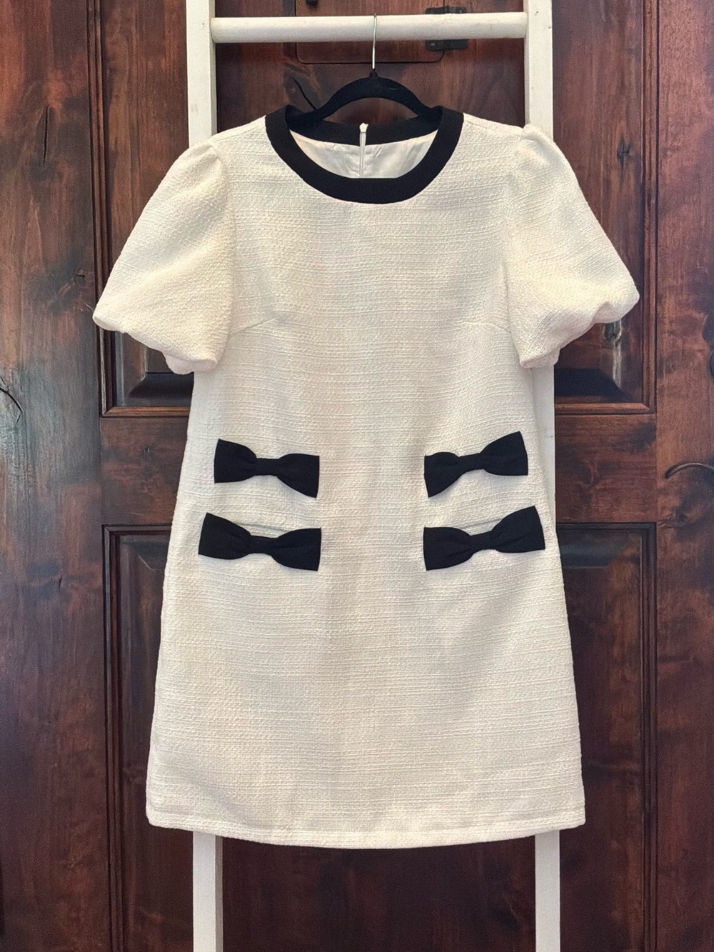 Cream Shift Dress with Black Trim & Bow Details